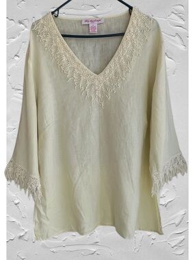 Lily Stanhope 2X 100% Linen Beaded Embroidered Lace Butter Yellow Resortwear